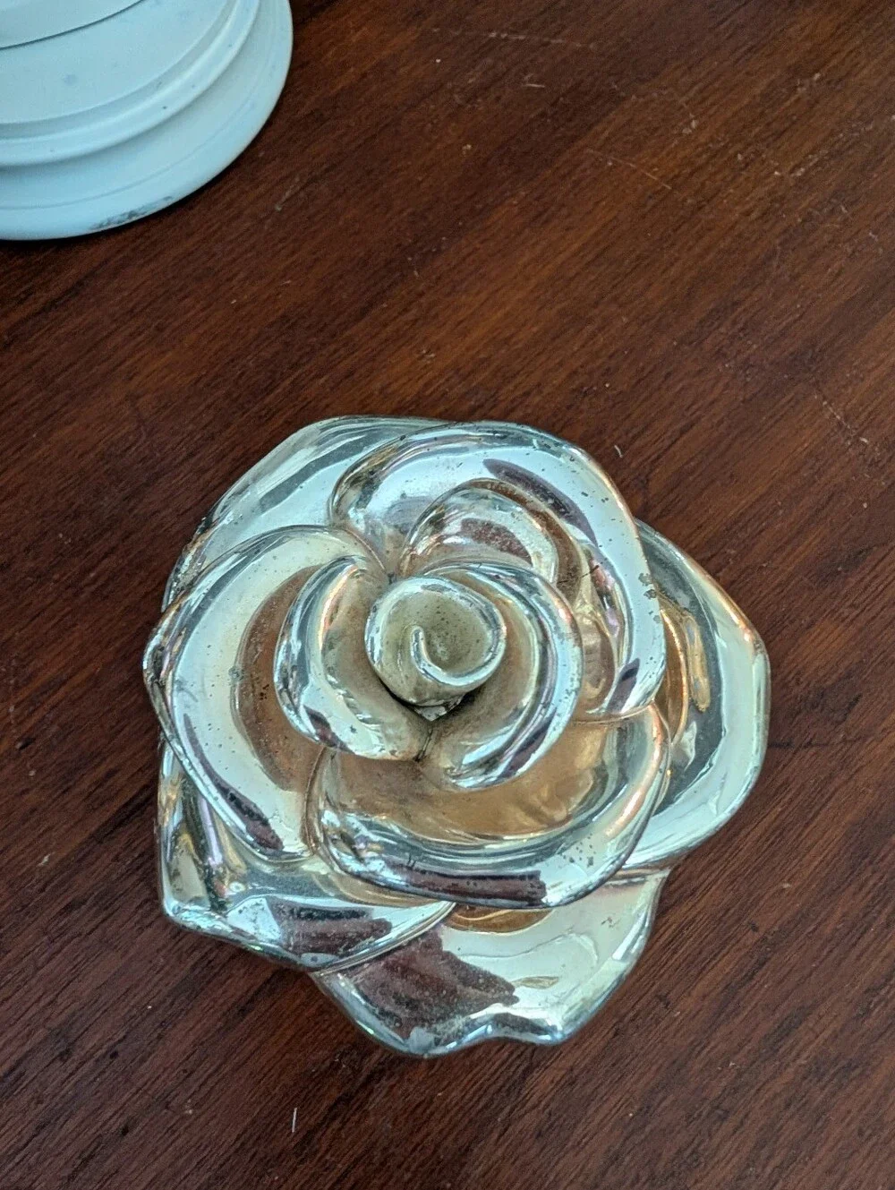 Vintage Silver Plate Rose Jewelry Box Trinket, Heavy Lined, 3.5